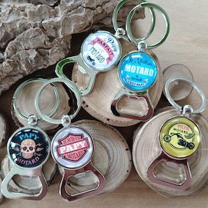 Silver bottle opener key ring with 25mm glass cabochons, dad, awesome biker grandpa, super biker grandpa, biker, other models possible
