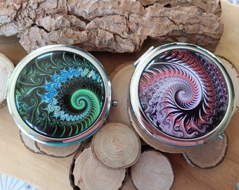 Miroir de poche,acier inoxydable cabochon de 58 mm dôme de verre, spirale infini verte ou violette,1 miroir normal et 1 grossissant