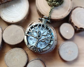 Vintage tree of life watch, unisex gift, can be worn as a pocket watch or long necklace, approx. 4.5cm in diameter, French touchscreen, spare battery included, 70cm chain.