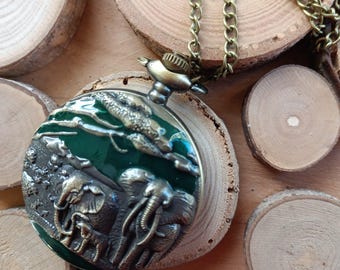 Reloj de elefante vintage, regalo unisex, se puede usar como reloj de bolsillo o collar largo, aproximadamente 4,5 cm de diámetro, toque francés, batería de repuesto, cadena de collar de 70 cm