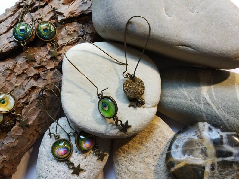 colorful peacock feathers,55 mm maxi,cabochon 12mm glass,earring,pearls,French touch,woman,bronze star long earrings