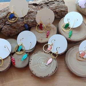 enamel charm earrings, gold-plated stainless steel, asymmetrical, fish and cat, boat, French touch, women&#39;s gift, 5 cm long