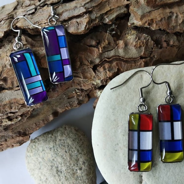 Boucles d'oreilles cabochons rectangulaires Mondrian acier inoxydable et verre, french touch, art moderne