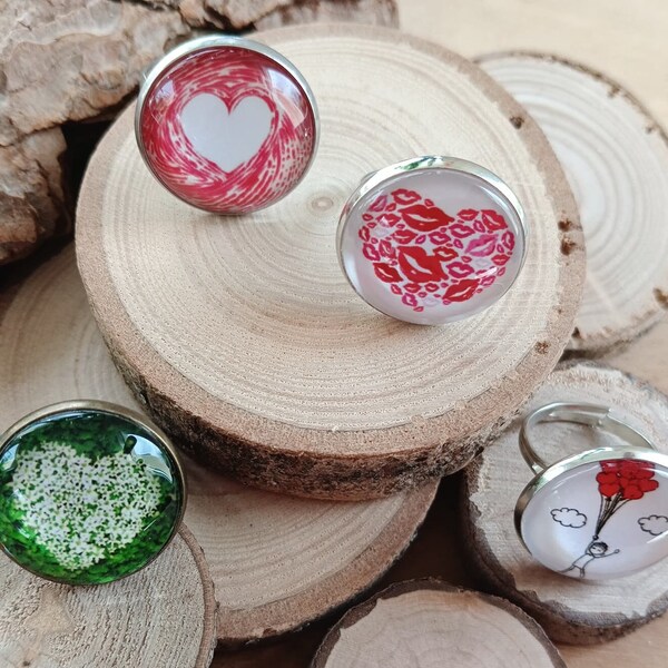 bague adulte réglable,rouge,blanc,vert,rose,coeur,love,amour,st Valentin,cabochon verre 2cm,acier inox,french touch,ajustable,18mm mini