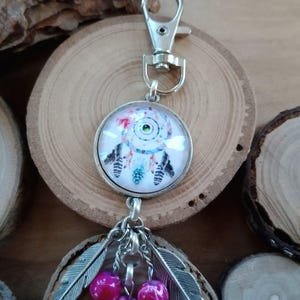 Bijou de sac attrape rêve amérindien,cabochon verre 25mm,breloques,french touch,longueur env 12 cm,cadeau femme,fille,argenté,rose,fushia