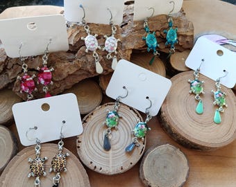 Colorful enamel and silver stainless steel drop earrings, colorful turtles, French touch, women, 35 mm total length approx.