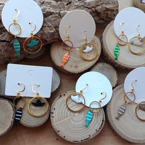 enamel charm earrings, gold-plated stainless steel, asymmetrical, fish and cat, boat, French touch, women&#39;s gift, 5 cm long
