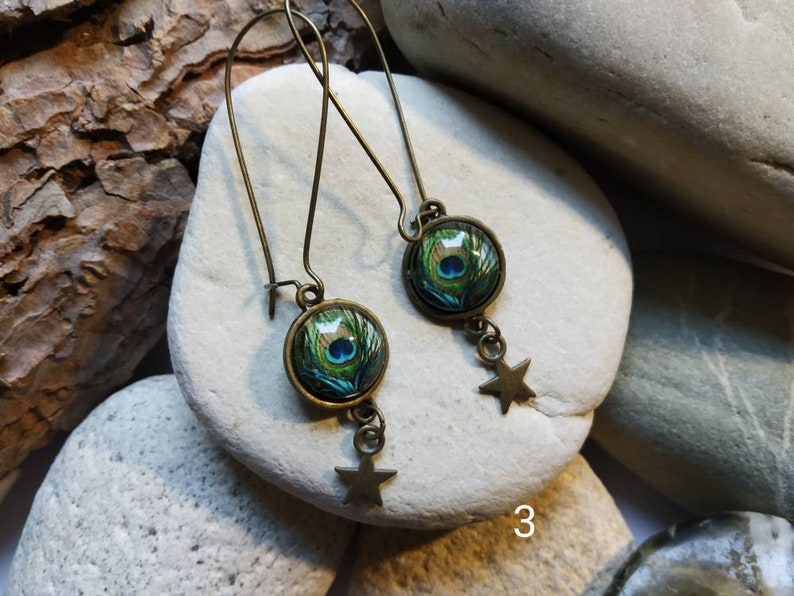 colorful peacock feathers,55 mm maxi,cabochon 12mm glass,earring,pearls,French touch,woman,bronze star long earrings