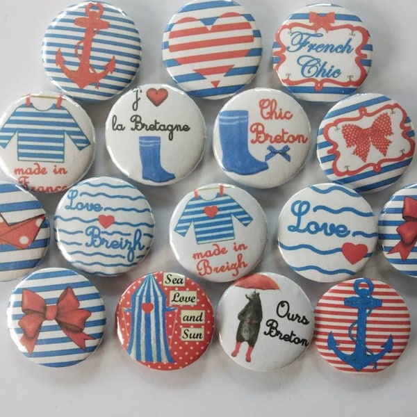 Lot de 3 badges 25mm personnalisés Bretagne et marinière en bleu,blan et rouge, lot au choix, pour enfant ou adulte, trousse, sac, veste