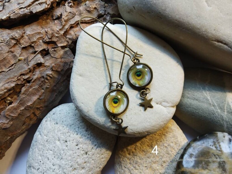 colorful peacock feathers,55 mm maxi,cabochon 12mm glass,earring,pearls,French touch,woman,bronze star long earrings
