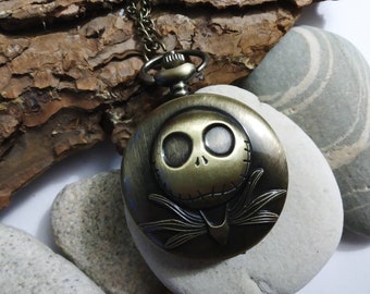 Vintage watch, ghost head design, approximately 4.5cm in diameter, mounted as a long necklace, bronze-effect metal, 80cm chain, French touch, battery operated, unisex (child/adult)