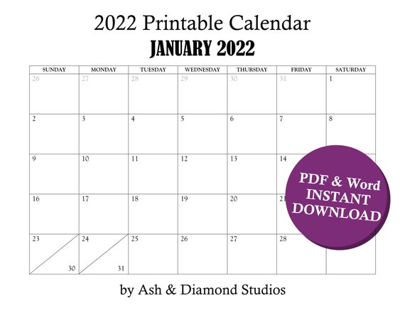 printable 2022 calendar pdf and word document instant etsy