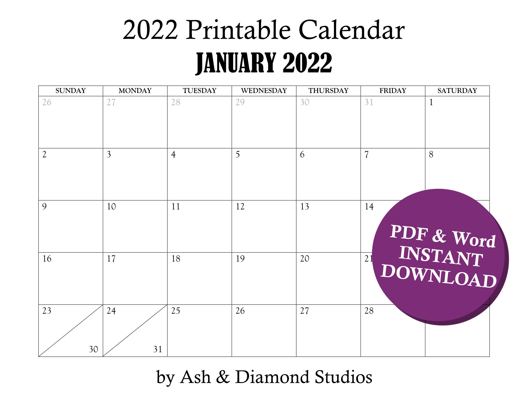 printable 2022 calendar pdf and word document instant etsy