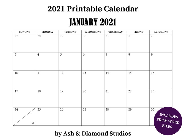 2021 Printable Calendar PDF and Word Document | Etsy 2021 Printable Calendar PDF and Word Document | Etsy