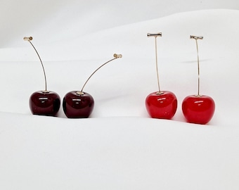 Red Cherry Dangle Earrings, Kawaii Cherry Earrings, Fruit Earrings, 3D Cherry Drop Earrings, Realistic Cherry Earrings, Cute Glass Earrings