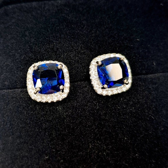 thumbnail image 2 of 2.49 CT Halo Stud Cushion Blue & White Sapphire Earrings - 14k White Gold 2 of 4