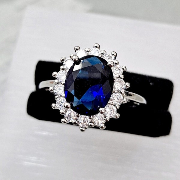 Gorgeous Princess Diana Inspired Ring Royal Halo Sapphire* Statement Ring Engagement Ring Silver Swarovski Crystals Beautiful 4 Carat Ring 7