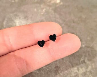 Tiny Little Black Heart Stud Earrings, Cute Gothic Earrings, Girly Goth Heart Studs, Valentine's Day Gift, Mini Hearts, Goth Jewelry