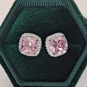 2ct Square Cushion Cut Pink CZ Diamond* Halo Stud Earrings, Ice Pink CZ Diamond Studs, Sparkling Pink Zirconia Studs, Back in Stock, gifts