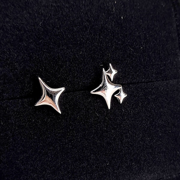 shining stars earrings, whimsical star stud earrings, 925 silver star studs mismatched star earrings, north star earrings starburst earrings