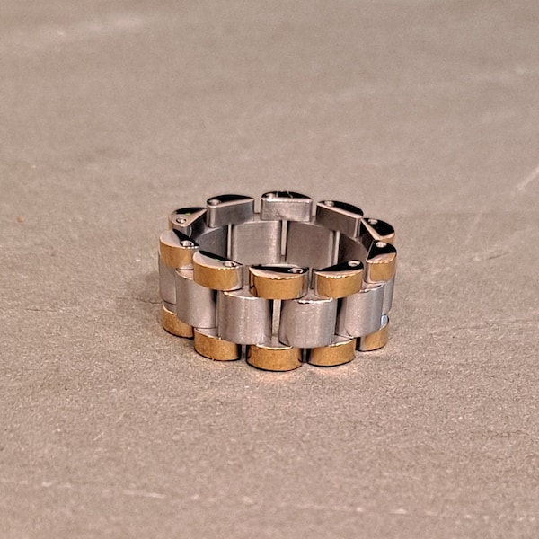 Two Tone Stainless Steel rolex Link Inspired Ring, rolex Style Hip Hop Ring Jewelry, Chain Ring, Bangle Ring, Statement Ring, 10mm size 8 9