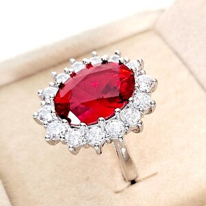 6 Carat Garnet Red Zirconia Diamond* Ring, Oval Garnet, Halo Statement Ring, Glamourous Cocktail Ring, Fancy Women's Ring, Silver