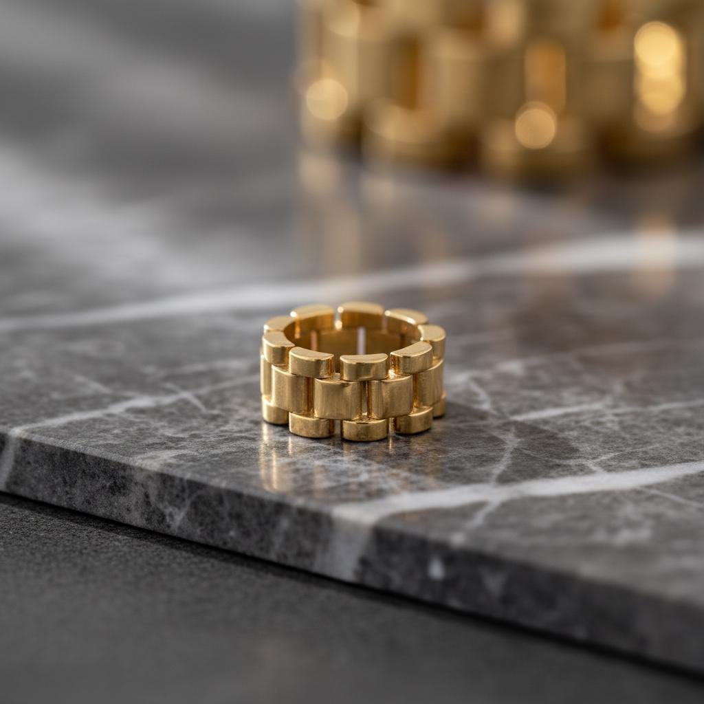 18kレクタングルストーン リング Gold Plated Stainless Steel Rolex* Link Inspired Ring, Rolex Style