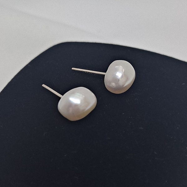 Cultured Freshwater Pearl Stud Earrings, Pearly White Baroque Pearl earrings, minimalist pearl earrings, Pearl studs, June Birthstone, 8mm