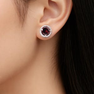Brilliant Ruby Red CZ Diamond* Earrings, Halo Stud Earrings, July Birthstone Jewelry
