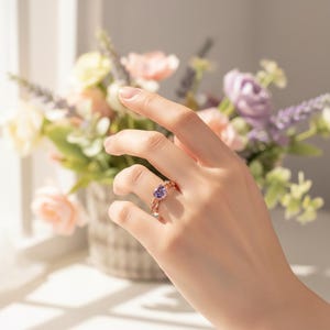 Rose Gold Amethyst Purple CZ Heart Ring, Love Ring, February Birthstone, Aquarius Drunkenness Protection Ring