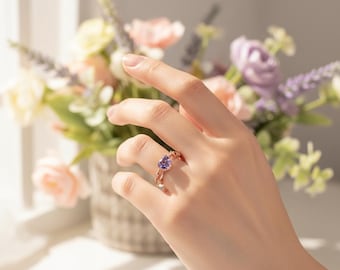 Rose Gold Amethyst Purple CZ Heart Ring, Love Ring, February Birthstone, Aquarius Drunkenness Protection Ring