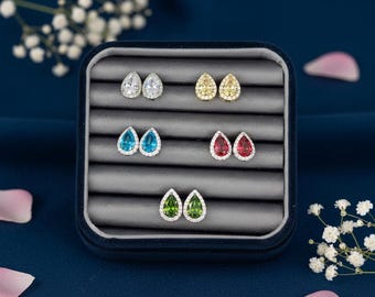 Pendientes grandes de diamantes con circonitas en forma de pera de 4 quilates, pendientes con forma de lágrima, pendientes con halo ovalado para mujer
