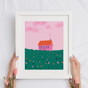 HEAVEN • Illustration, affiche, carte illustrée / Maisonnette, cottage, prairie / Impression fine art, papier de création