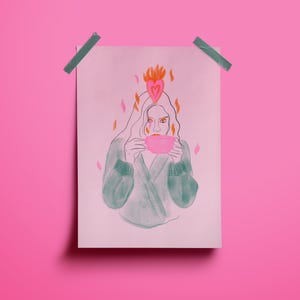 FIREFUL •  Illustration, affiche, carte illustrée / Tea time, feu créatif, exvoto, féministe / Impression fine art, papier de création