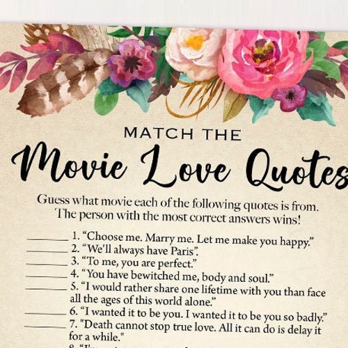 Bridal Shower Game / Name That Movie Love Quote / Romantic Etsy