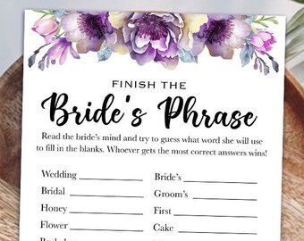 Printable Bridal Shower Games Printable - Finish The Bride's Phrase Bridal Shower Game - Printable Purple Floral Bridal Shower Game - 031