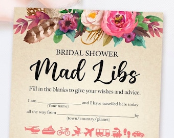 Printable Bridal Shower Games - Bohemian Bridal Shower Mad Libs Game - Printable Boho Bridal Shower Mad libs - Bridal Advice Game Cards 003