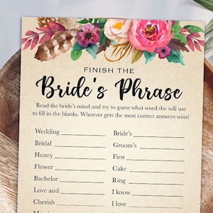 Printable Bridal Shower Games Finish the Bride's Phrase Boho Bridal ...