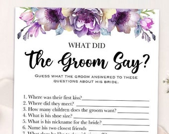 Printable Bridal Shower Games Printable - The Newlywed Bridal Shower Game - What Did The Groom Say? - Purple Floral Bridal Shower Game 031