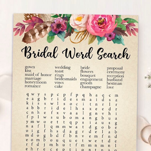 Printable Bridal Shower Games - Word Search Boho Bridal Game - Printable Bohemian Bridal Shower Word Search Game  - Hen Party Games 003