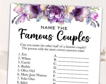 Printable Bridal Shower Games Printable - Name The Famous Couple Game - Purple Floral Bridal Shower Game  - Purple Bridal Shower 031