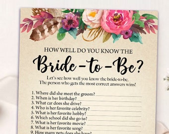 Printable Bridal Shower Games Printable - How Well Do You Know the Bride To Be Game - Boho Bridal Shower - Who Knows the Bride Best? 003