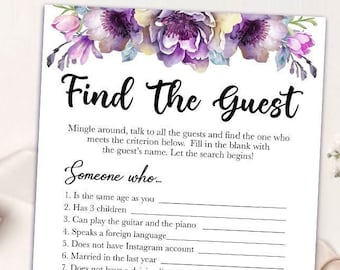 Printable Purple Floral Bridal Shower Game - Find The Guest Bridal Shower Game - Let's Mingle Bridal Shower Games 031