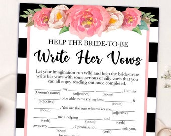 Help the Bride to Be Write Her Vows - Printable Black and White Pink Floral Bridal Shower Game - Peony Bridal Shower - 019