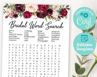 Editable Burgundy Bridal Shower Game Imprimable - Jeu de recherche de mots de mariée - Marsala Jeux de douche nuptiale - Jeux de douche nuptiale florale rouge 045