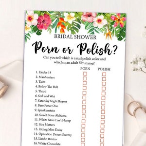 Printable Bridal Shower Games Porn or Polish Tropical Bridal Shower Game Luau Bridal Shower Game Bachelorette Night Game 038 image 1