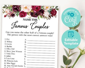 Nom modifiable The Famous Couples Jeux de Douche nuptiale - Jeu de douche nuptiale imprimable - Bourgogne Douche nuptiale - Douche nuptiale florale rouge 045