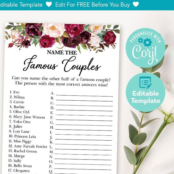 Editable Name the Famous Couples Bridal Shower Games - Printable Bridal Shower Game - Burgundy Bridal Shower - Red Floral Bridal Shower 045