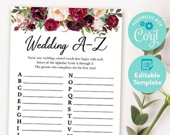 Editable Wedding A-Z Burgundy Bridal Shower Game - Printable Marsala Bridal Shower Game - Red Floral Bridal Shower Games 045