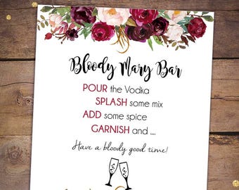 Bloody Mary Bar Sign Burgundy Bridal Shower - Marsala Bridal Shower Signs Printable Bloody Mary Bar Sign - Red Floral Bridal Shower 045